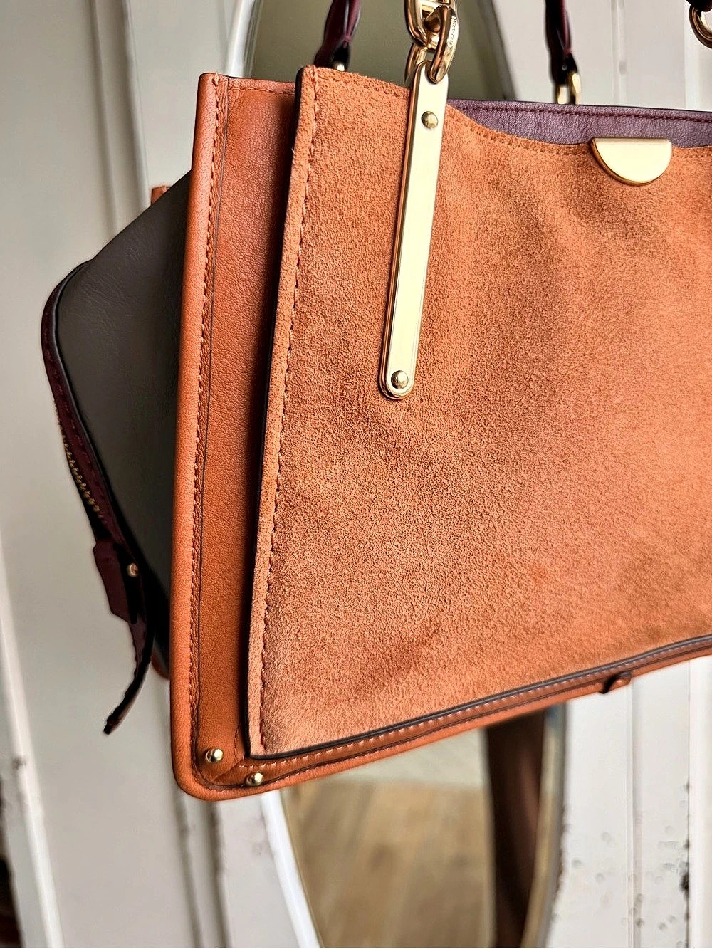 Coach Dreamer Satchel Colorblock Suede Satchel in Brown & Burgundy - Picture 4 of 11